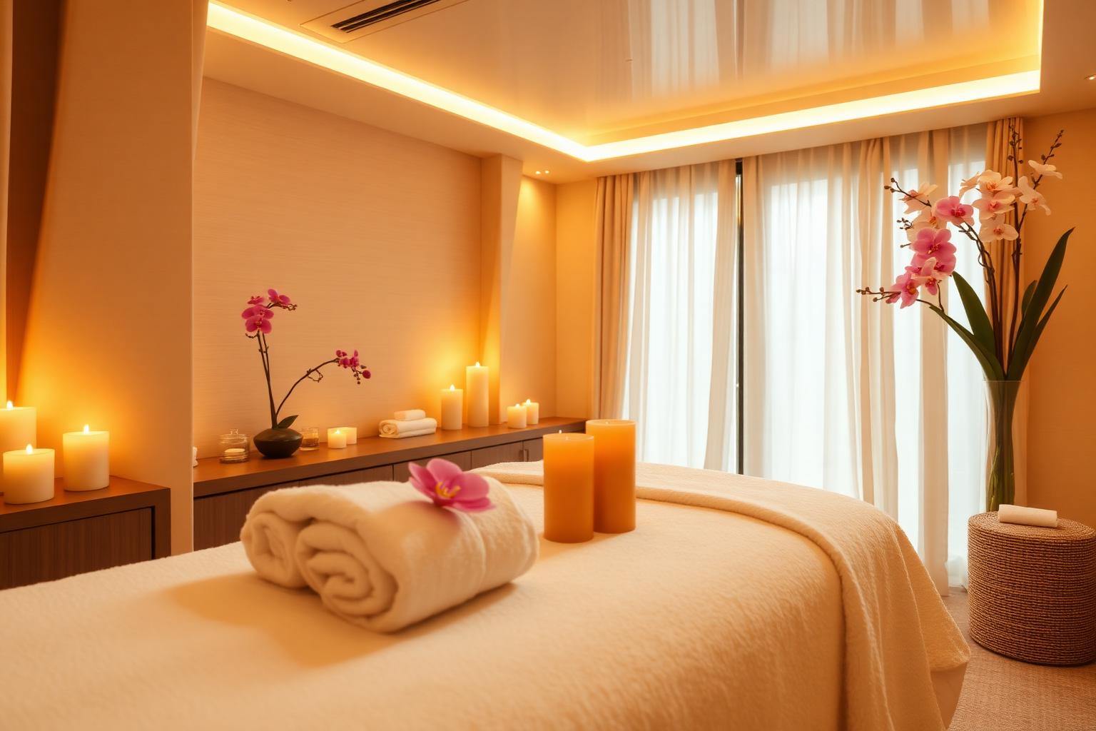 Serene Honeyberry mobile spa setup with candles and towels